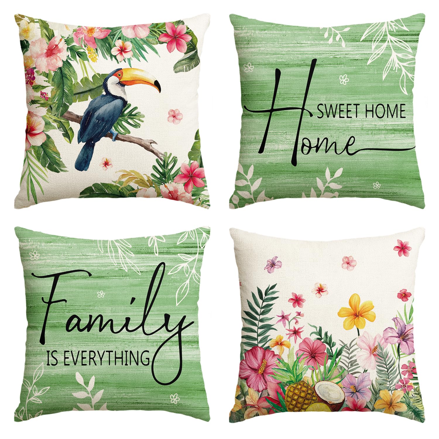AVOIN colorlife Summer Home Sweet Home Floral Toutan Plumeria Throw Pillow Covers, 18 x 18 Inch Family is Everything Green Holiday Seasonal Cushion Case Decorations Set of 4