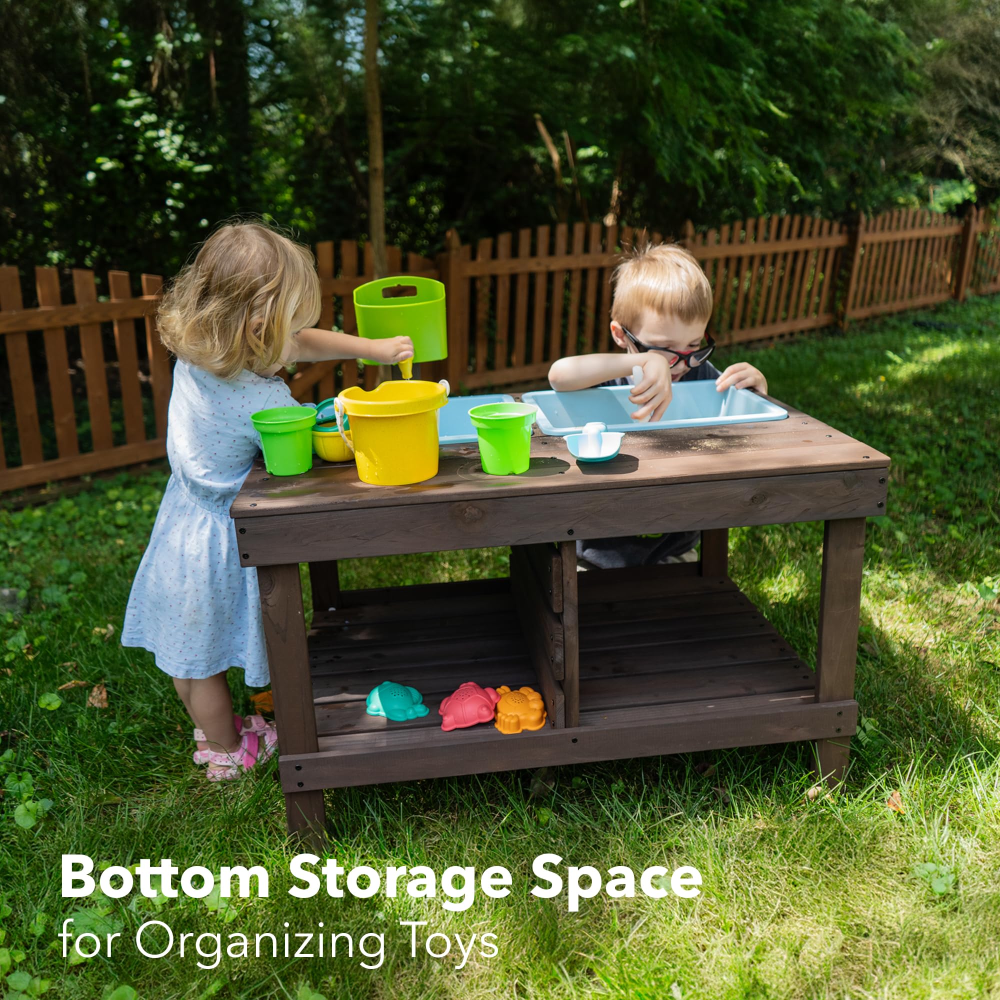 WONKAWOO Sand and Water Table for Toddlers | Outdoor Wooden Sensory Sand Table with 2 Plastic Bins, Built-in Water Tap and Beach Toys Included | Sand & Splash Oasis™ Standing Play Activity Table