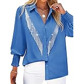 MYMORE Women's ❷⓿❷❺ Smocked Cuffed Western Cowgirl Button Down Shirt Long Sleeve Sparkly Fringe Tops Country Concert Outfit