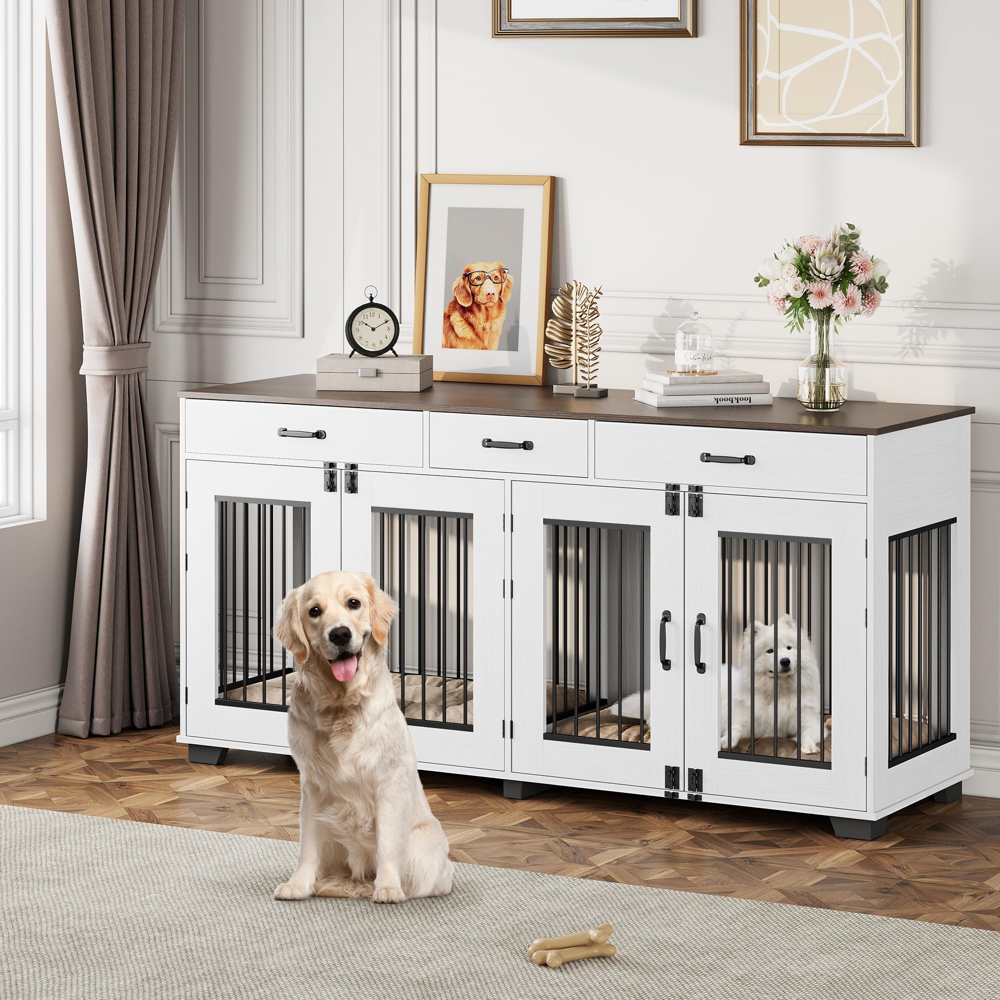 71” Dog Crate Furniture, Wooden Indoor Dog Kennel for 2 Dogs with 3 Drawers and Removable Room Divider, XXL Double Dog Crate TV Stand End Table with Double Doors for Large Medium Dogs, White