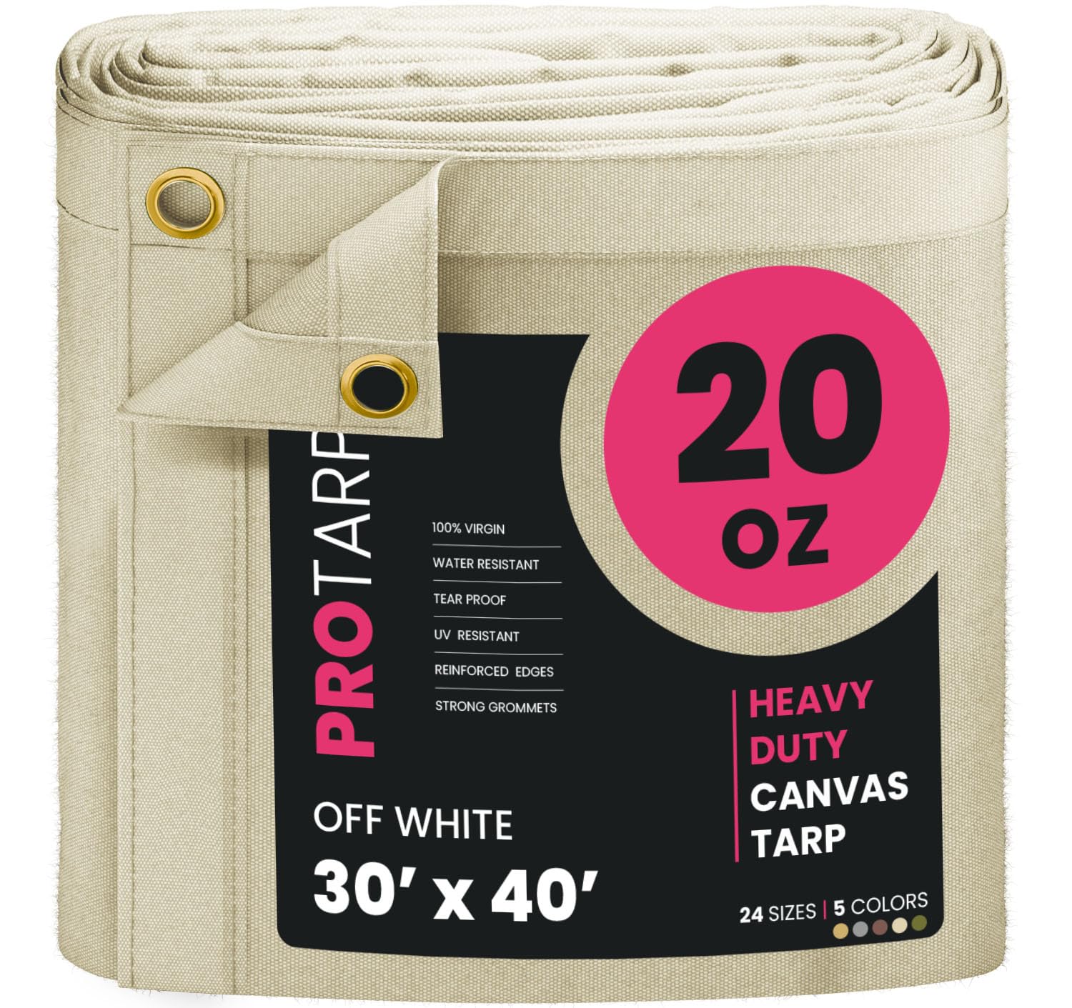 PROTARP Extreme Heavy Duty 20 OZ Water Resistant Canvas Tarp, UV Resistant Tarpaulin Cover with Rustproof Brass Grommets, Multipurpose for Canopy, Roof, Camping, Woodpile (Off White 30’X40′)