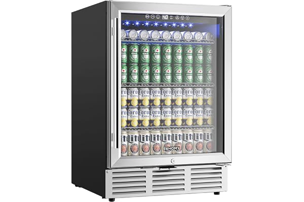 EUHOMY 24 Inch Beverage Refrigerator, 180 Can Built-in Beverage Cooler, Under Counter Beer Fridge with Glass Door for Soda, Water, Wine - For Kitchen, Bar or Office