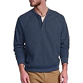 QIVICIMA Raglan Long Sleeve Waffle Henley Shirts for Men Textured Cotton Pullover Knit Tee with Button Neckline
