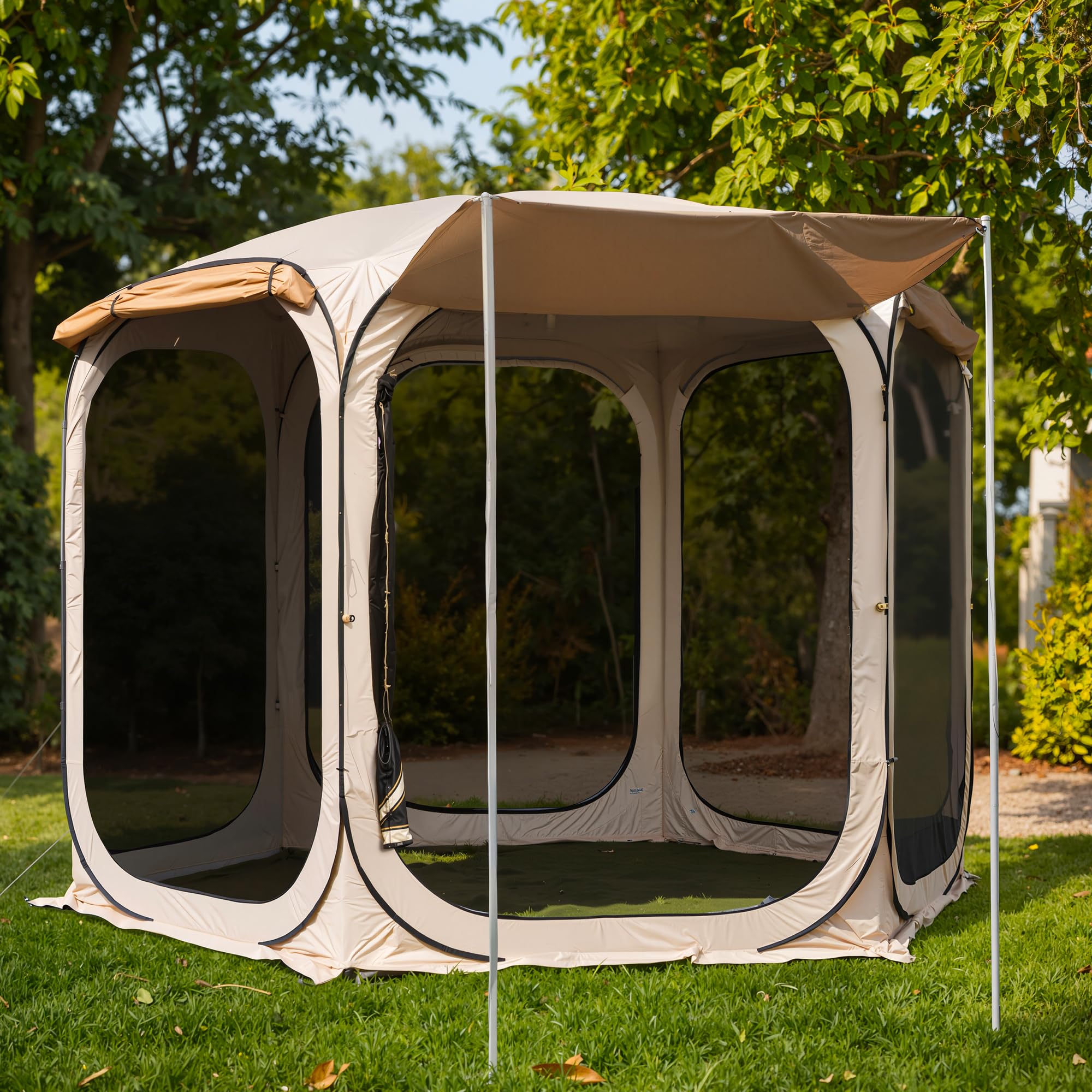 Photo 1 of EAST OAK 10×10 FT Pop Up Canopy Tent with Mesh Walls | Outdoor Screen House with 6 Sunshades | Waterproof Gazebo with Carry Bag | Portable Shelter for Camping, Patio, and Beach | Beige