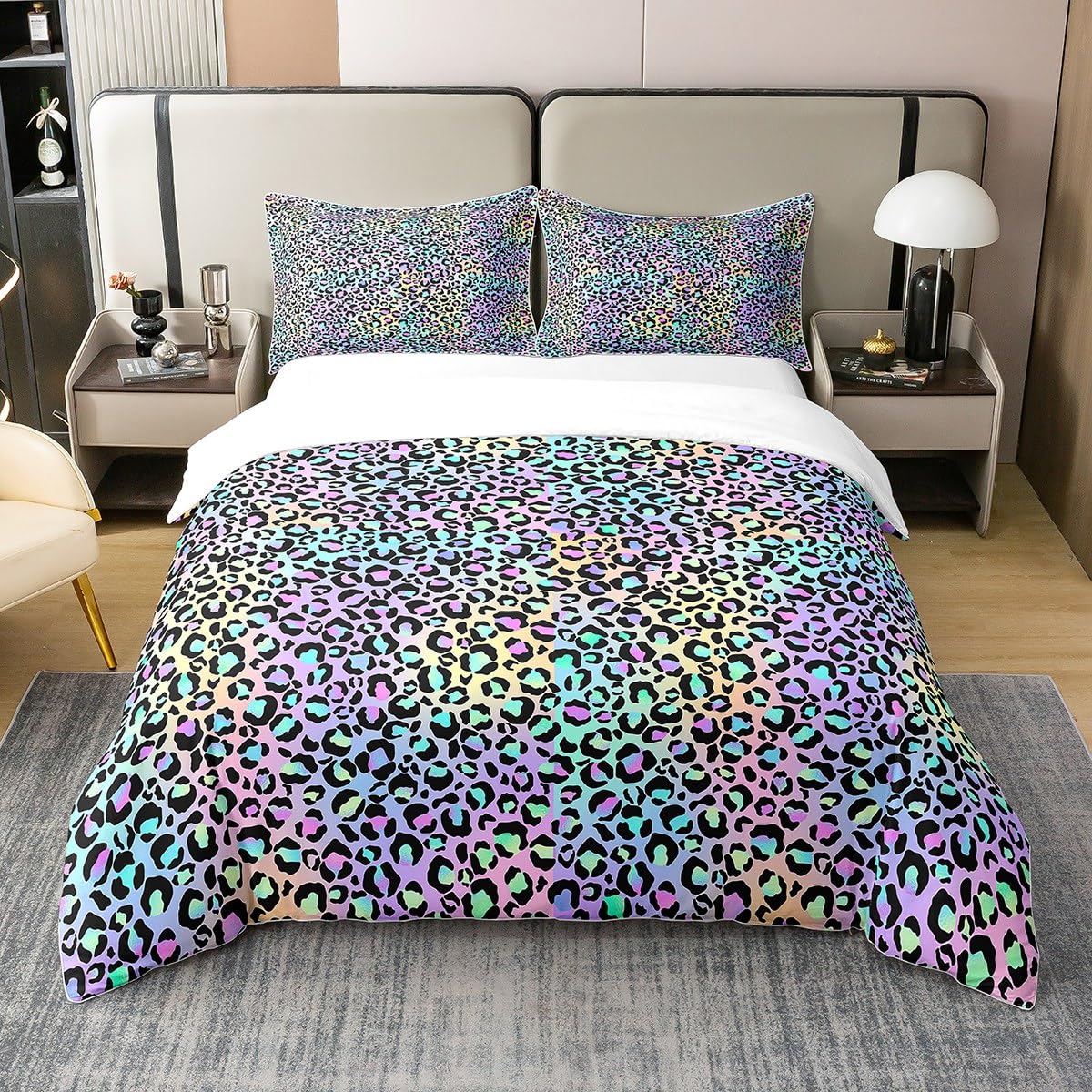100% Cotton Purple Leopard Print Duvet Cover for Women, Rainbow Cheetah Bedding Set Double, Psychedelic Galaxy Comforter Cover, Ombre Gradient Animal Bed Sets With 2 Pillow Cases