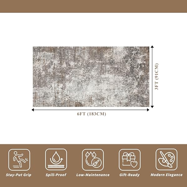 3X6 NON-SLIP WASHABLE ENTRYWAY RUG – STAIN-RESISTANT LOW-PILE THIN WIDE CARPET RUNNER FOR KITCHEN, HALLWAY, BATHROOM | MODERN NEUTRAL ABSTRACT(BROWN BEIGE,3X6)