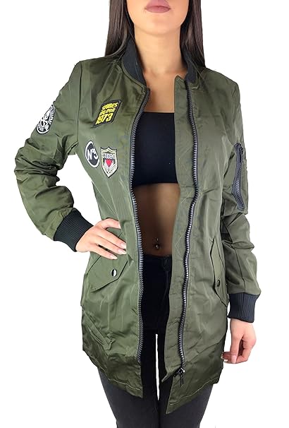 Worldclassca Damen Bomber Jacke MIT Army Patches ÜBERGANGSJACKE Piloten Jacke LANG PARKAFLIEGERJACKE Blogger REIßVERSCHLUSS S