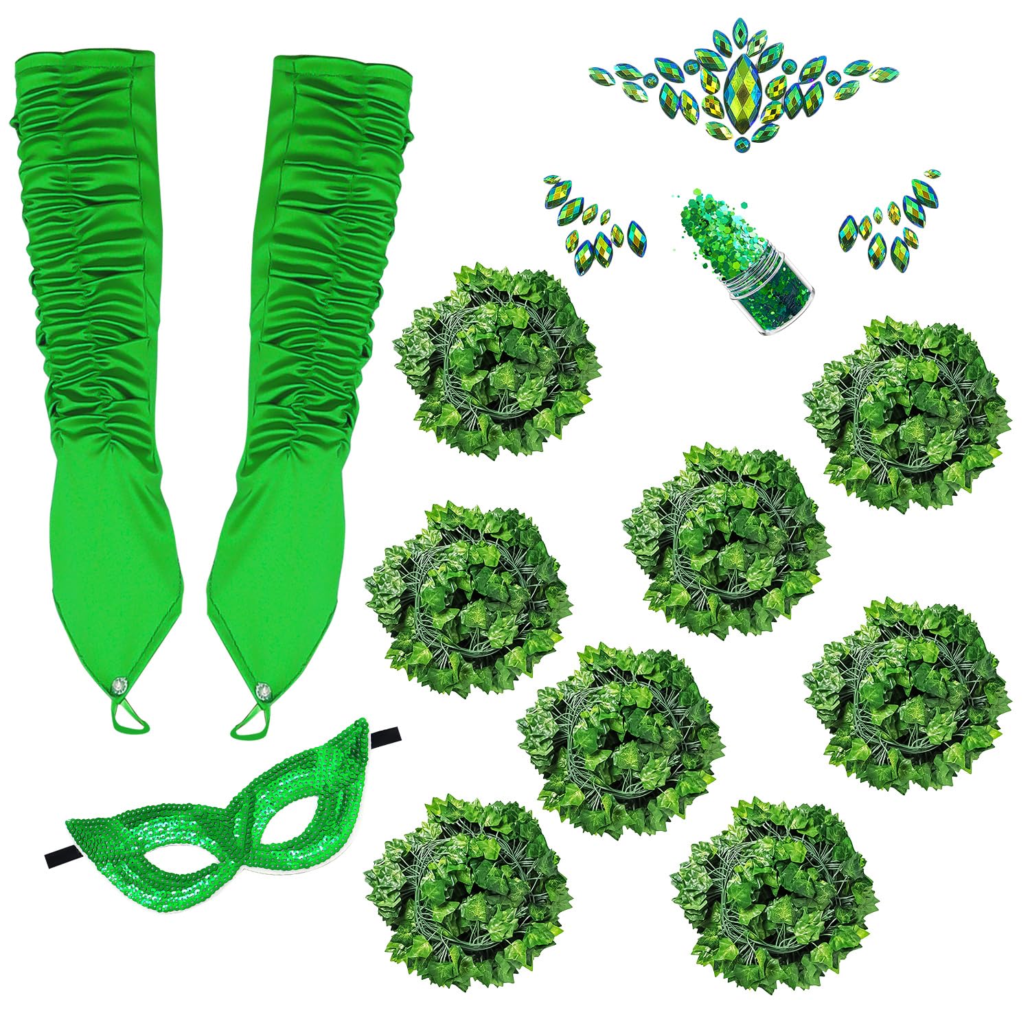 Nereds 12pcs Halloween Ivy Costume Accessories Fake Green Leaves Long Green Satin Gloves Face Jewels Stick Sequin Masks for Women Party Dress Up