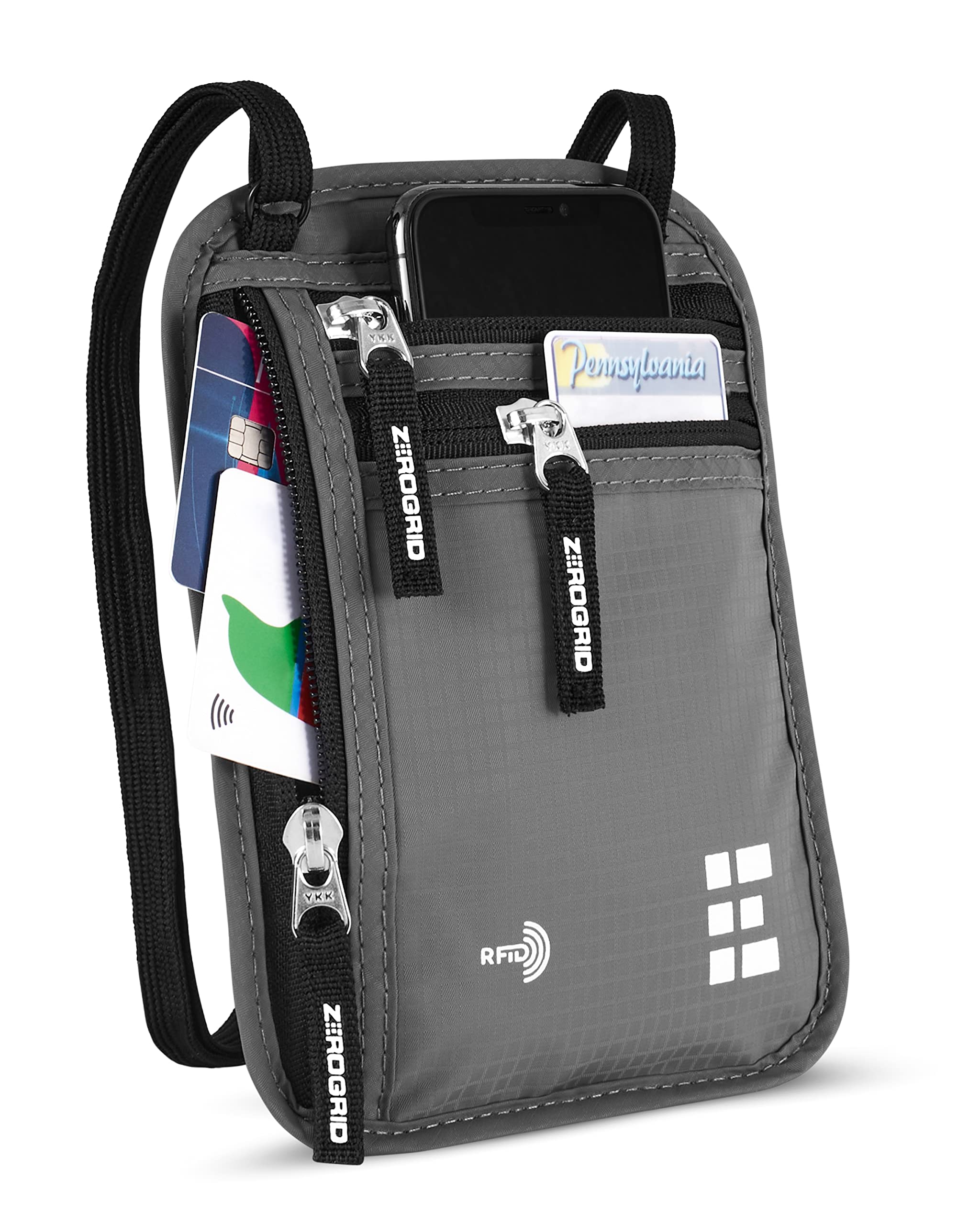 Zero Grid Neck Wallet w/RFID Blocking - Concealed Travel Pouch & Passport Holder (One Size, Ash)