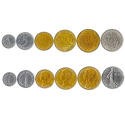 Set of 6 Coins from France. 1, 5, 10, 20, 50