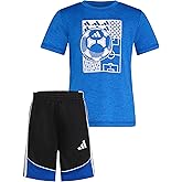 adidas boys Short Sleeve Melange Tee Shirt and Colorblock 3-stripe Short Set