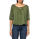 Star Vixen Women's Petite 3/4 Sleeve Peasant Elastic-Hem Keyhole-Tie Top Shirt, Green Heather, P-Small