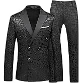 MOGU Mens 2 Piece Double Breasted Suit Jacquard Slim Fit Formal Groomsmen Wedding Party Black Tuxedo