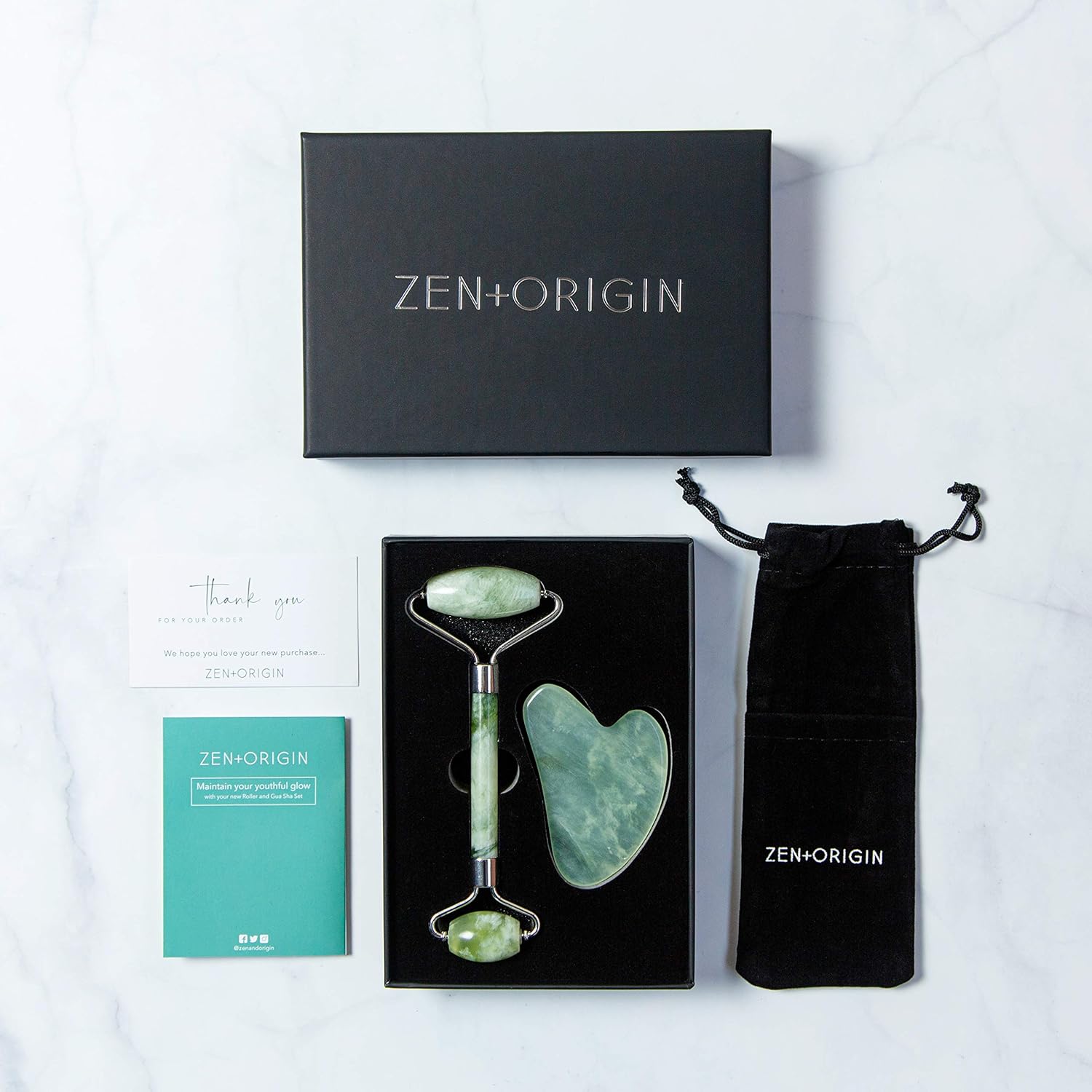Jade Roller and Gua Sha Set - 100% Natural Jade Stone Face Roller, Dual Sided Massage Roller Stimulates Blood Flow, Relieves Stress, Reduces Signs of Aging, Travel Pouch Included, Gift Box: Beauty
