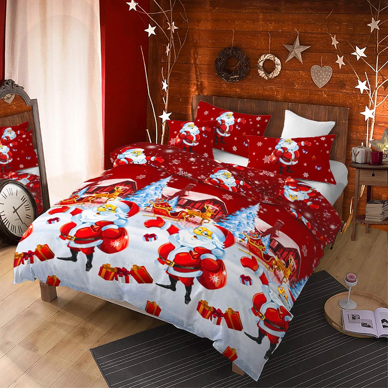3Pcs Merry Christmas Santa Sack Duvet Cover Set King(104x90 inches),Santa Claus Gift Box Christmas Bedding Set,Snowfield Sleigh Deer Pinetree Snowflake Printed Bed Set for Xmas Gift(White,King)