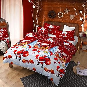 3Pcs Merry Christmas Santa Sack Duvet Cover Set King(104x90 inches),Santa Claus Gift Box Christmas Bedding Set,Snowfield Sleigh Deer Pinetree Snowflake Printed Bed Set for Xmas Gift(White,King)