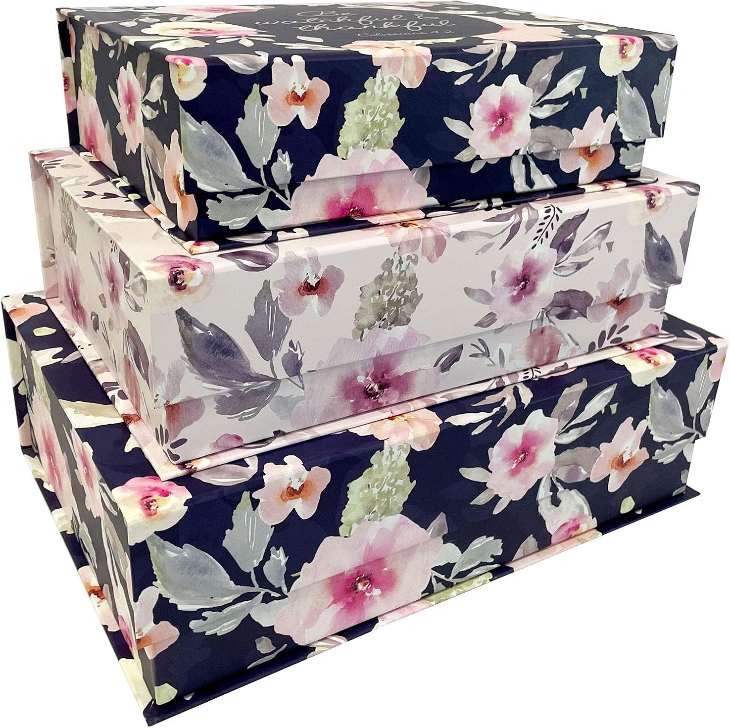 Set of 3 Nesting Hinged Lid Storage Boxes - Decorative Stackable Spiritual Paperboard Containers with Magnetic Tab Clasp - Inspirational Phrases (Watchful and Thankful)