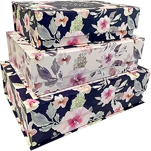 Set of 3 Nesting Hinged Lid Storage Boxes - Decorative Stackable Spiritual Paperboard Containers with Magnetic Tab Clasp - Inspirational Phrases (Watchful and Thankful)