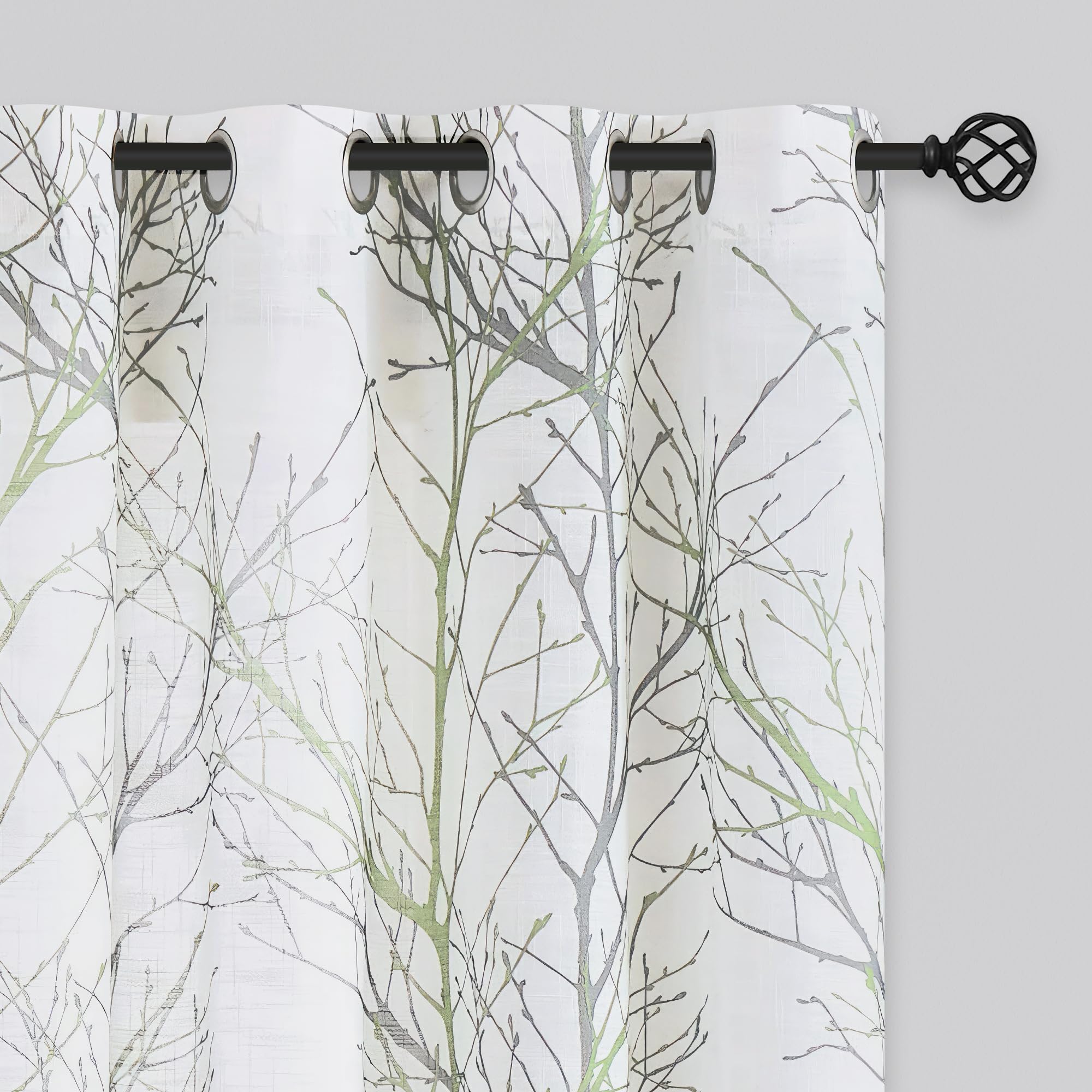 FMFUNCTEX Linen Semi Sheer Curtains for Bedroom, Sage Green White Curtains 72 Inches Long for Living Room, Grey Tree Branch PPrint Curtain Light Filtering Farmhouse Window Drapes, Grommet Top 2 Panels