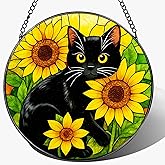 Stained Glass Window Hanging, 8 Inch Black Cat Sun Catcher, Suncatchers for Windows, Sunlight Catcher Glass, Window Hanging Decor, Gifts for Cats Lovers, Mom Gift, Black Cat Decor Gifts