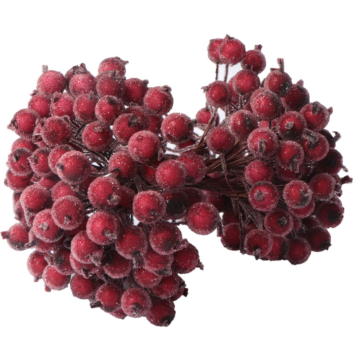 KKSTY 200 Pcs/100 Wired Berries Stems Artificial Frosted Berries Christmas Holly Berries Mini Fruits for Xmas Tree Decoration Wreath Garland Making Supplies… (Wine Red)