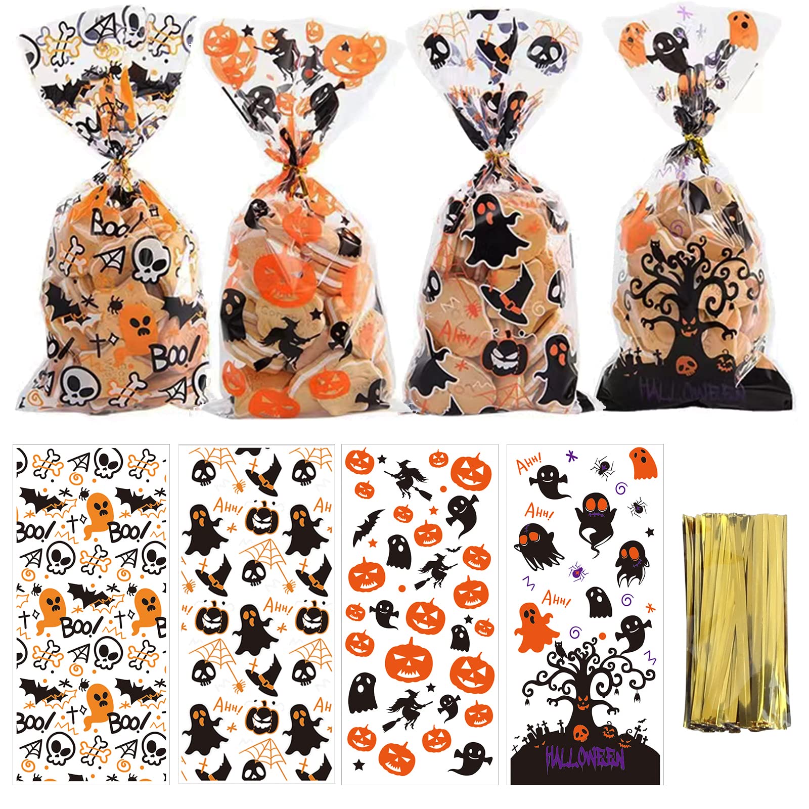 IHCEMIH 200Pcs Halloween Bags, Halloween Cellophane Treat Bags Pumpkin Sweet Cookie Candy Trick or Treat Gift Clear Cello Treats Bag with 250 Twist Tie for Party Favours Supplies