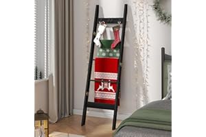 Hzuaneri Blanket Ladder Shelf for Living Room, Decorative Quilt Rack with 4 Removable Hooks, Farmhouse Ladder Holder Organize