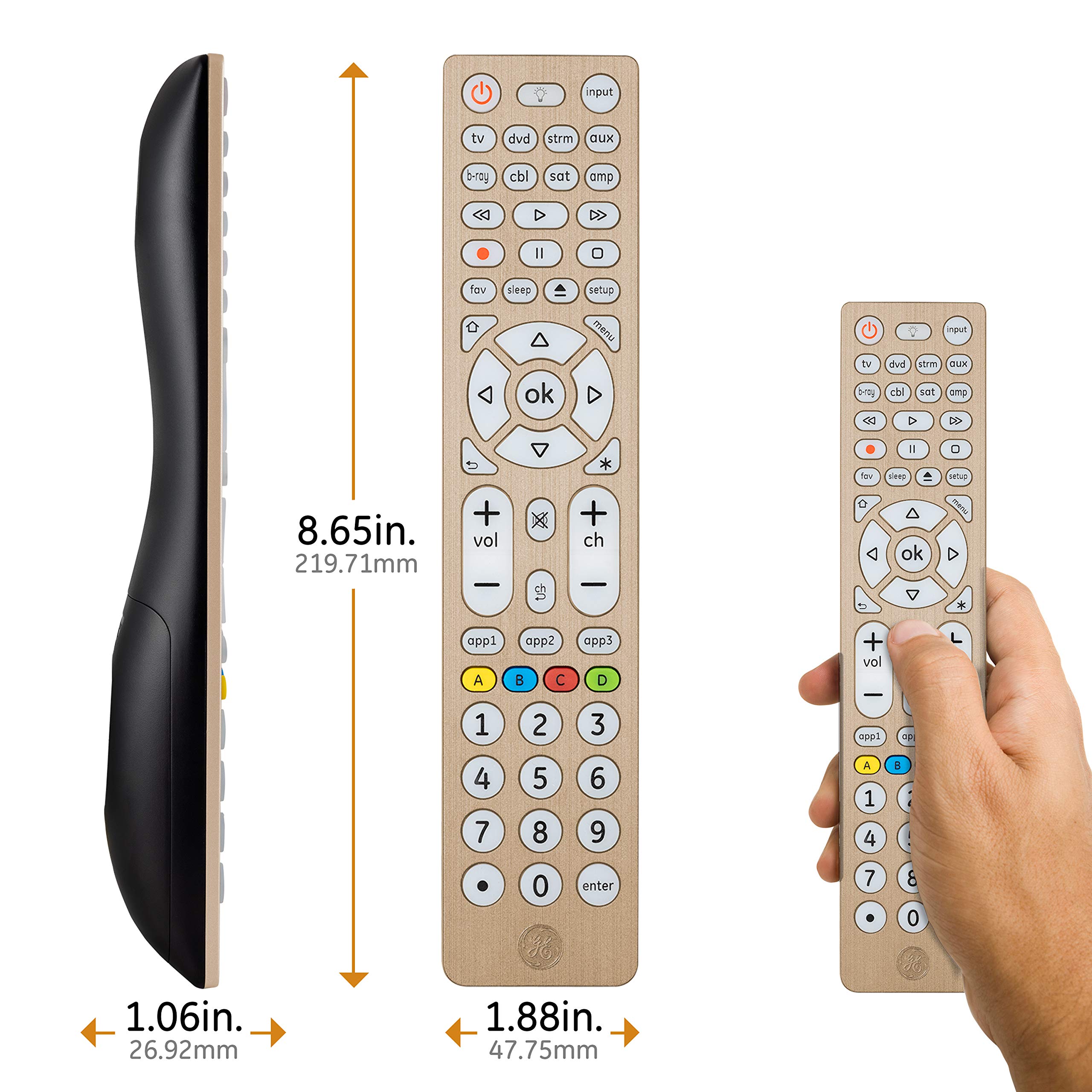GE Universal Remote Control, Universal TV Remote for Roku TV, Samsung, Vizio, LG, Sony, Sharp, Roku, Apple TV, TCL, Panasonic, Smart TVs, Streaming Players, Blu-ray, DVD, 4-Device, Gold, 47509