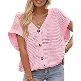 Fisoew Women's Short Sleeve Crochet Sweater Tops Summer Button Down V Neck Casual Knit Hollow Out Loose Beach Cover Ups