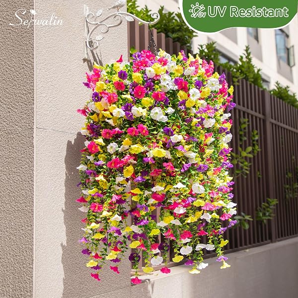 SERWALIN ARTIFICIAL HANGING FLOWERS FOR OUTDOORS UV RESISTANT, 4PCS FAUX MORNING GLORY FAKE OUTDOOR FLOWERS REALISTIC SILK FLOWER PLANTS FOR OUTSIDE PLANTER FRONT DOOR PORCH PATIO YARD DECOR