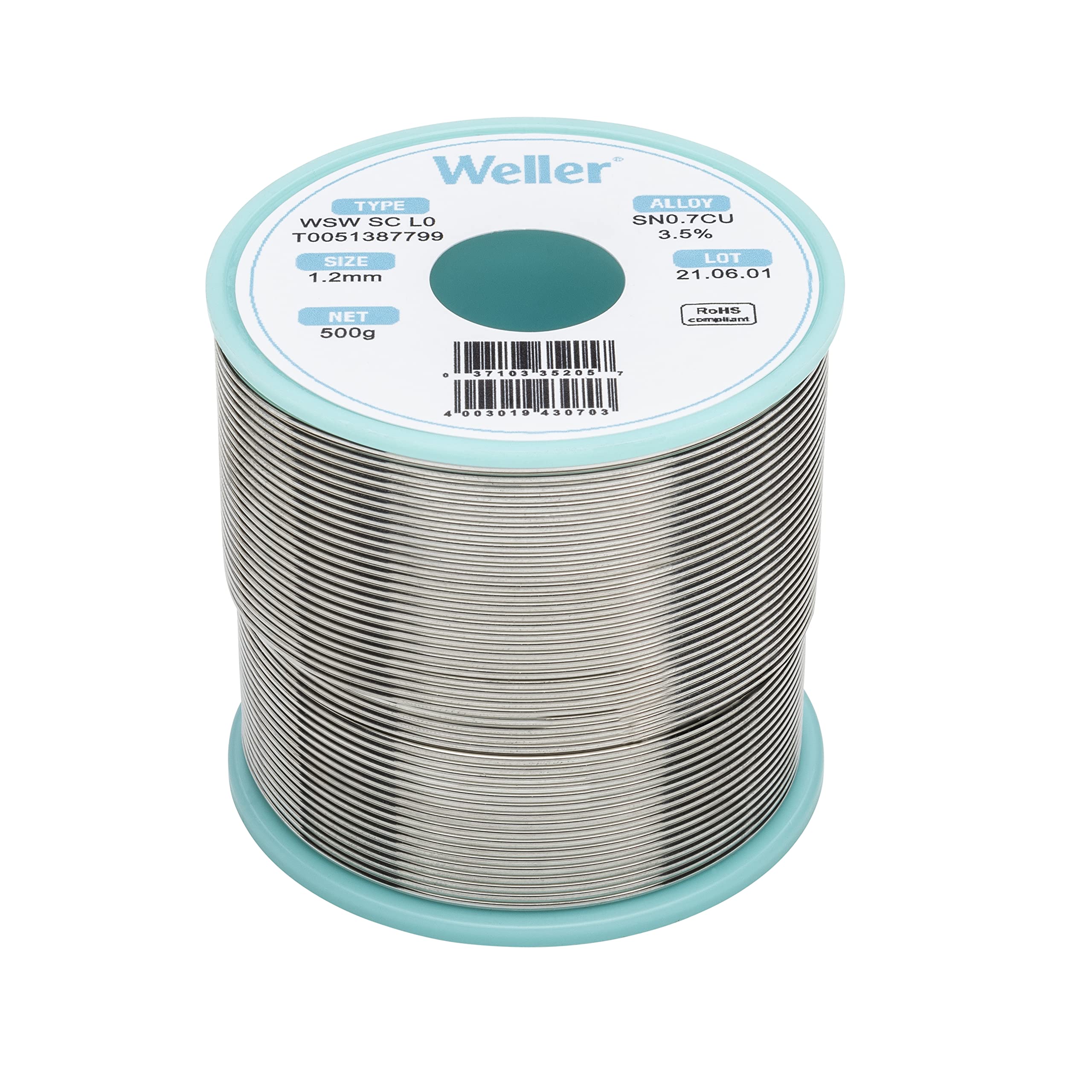 Weller WSW SC L0 (T0051387799) Lead Free Solder Wire, Ø 1.2mm, Alloy Sn99.3Cu0.7, Flux Content 3.5%, 500g, Silver