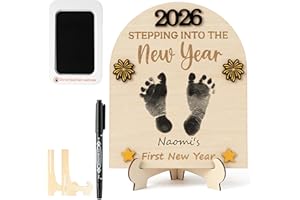 R HORSE DIY New Year Footprint or Handprint Art Sign with Ink Pad, 3D Yellow Star Newborn Wooden Milestone, Baby’s 1st New Year 2026 Footprint Keepsake Craft Gift Baby Shower Nursery Decor Prop