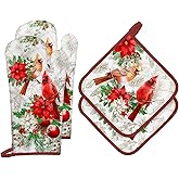 Arquiel Christmas Cardinal Oven Mitts and Pot Holders Sets 4Pcs, 100% Cotton Heat Resistant, Extra Long Oven Gloves Potholder for Kitchen Cooking Baking Decoration