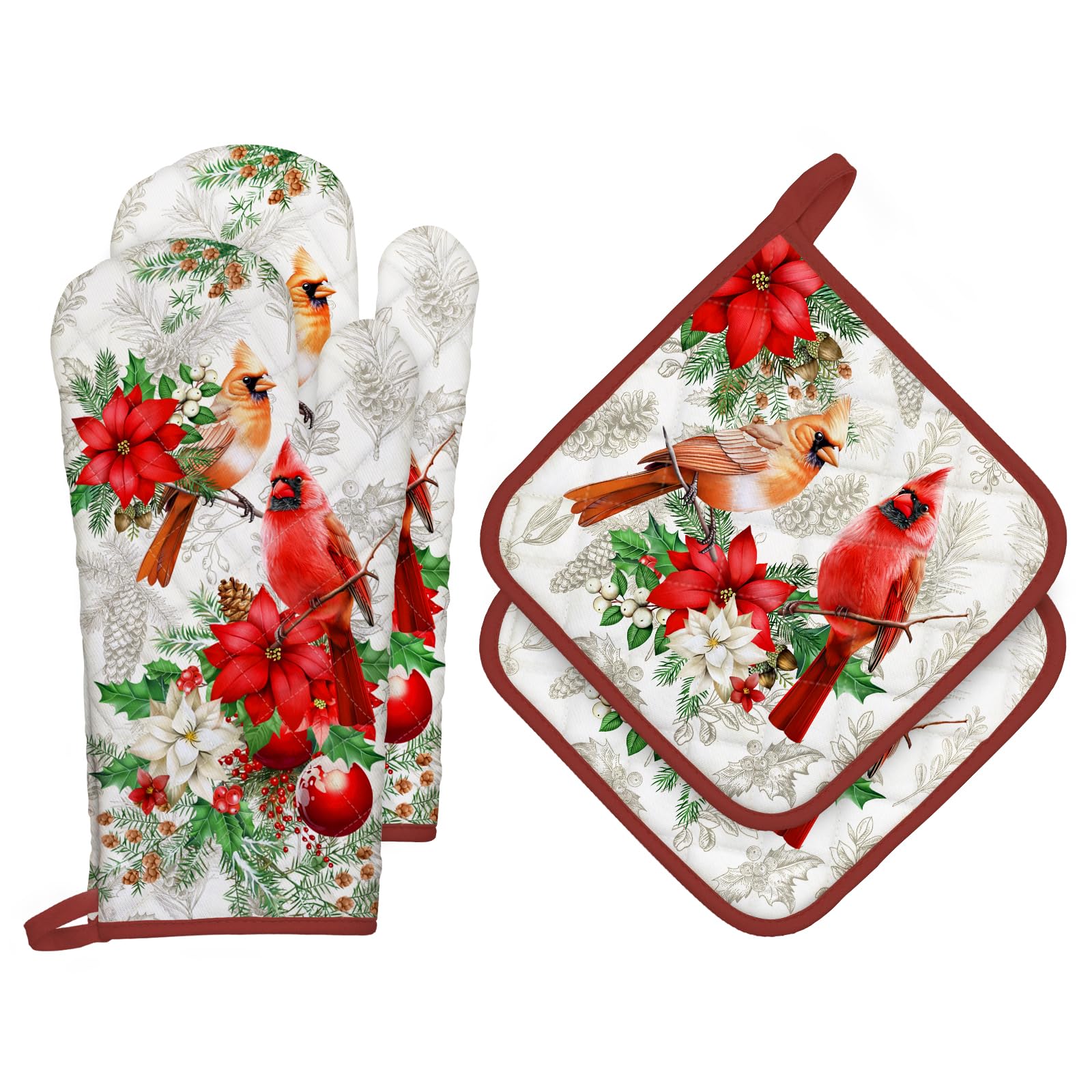 Arquiel Christmas Cardinal Oven Mitts and Pot Holders -100% Cotton, Heat Resistant Extra Long Oven Gloves & Hot Pads for Cooking BBQ Grilling Baking Gift, Set of 4