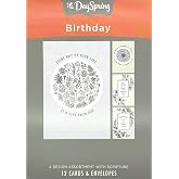 DaySpring - Black &amp; White Birthday Botanicals - 4 Design Assortment with Scripture - 12 Boxed Cards &amp; Envelopes (J0384)