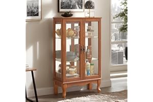CKEASEAN Lighted Curio Cabinet, 44" H Glass Display Case with Adjustable Glass Shelves, Vintage China Cabinet with Mirrored Back Panel & 3-Tier Shelves, Blub Included, Rack for Living Room (Dark Oak)