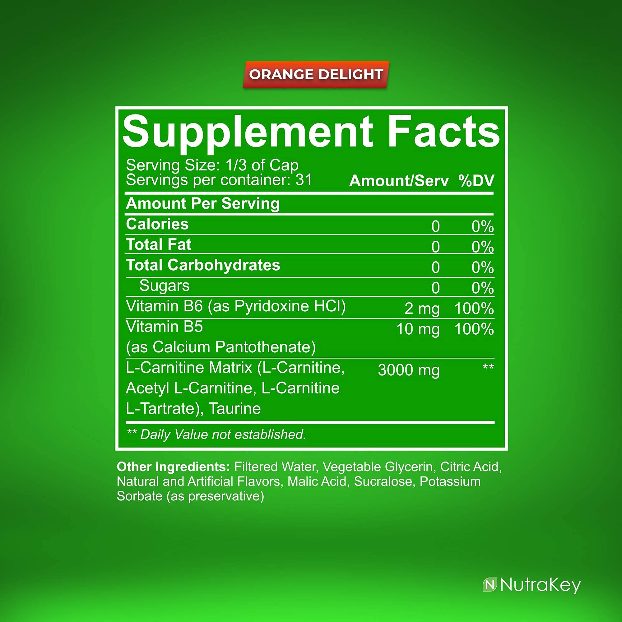NutraKey L-Carnitine 3000mg, No Sugar, Gluten Free, Turn Into Fuel, (Orange Delight) 31 Servings