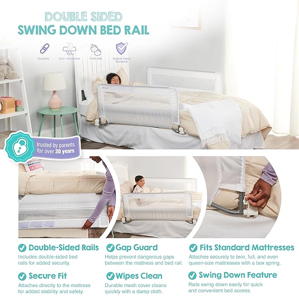 REGALO SAFETY DOUBLE-SIDED SWING DOWN BED RAIL GUARD (2-PACK), TODDLER BED RAIL FOR TWIN TO QUEEN BEDS, EXTRA LONG 43”, REINFORCED ANCHOR SYSTEM, EASY INSTALL, WHITE