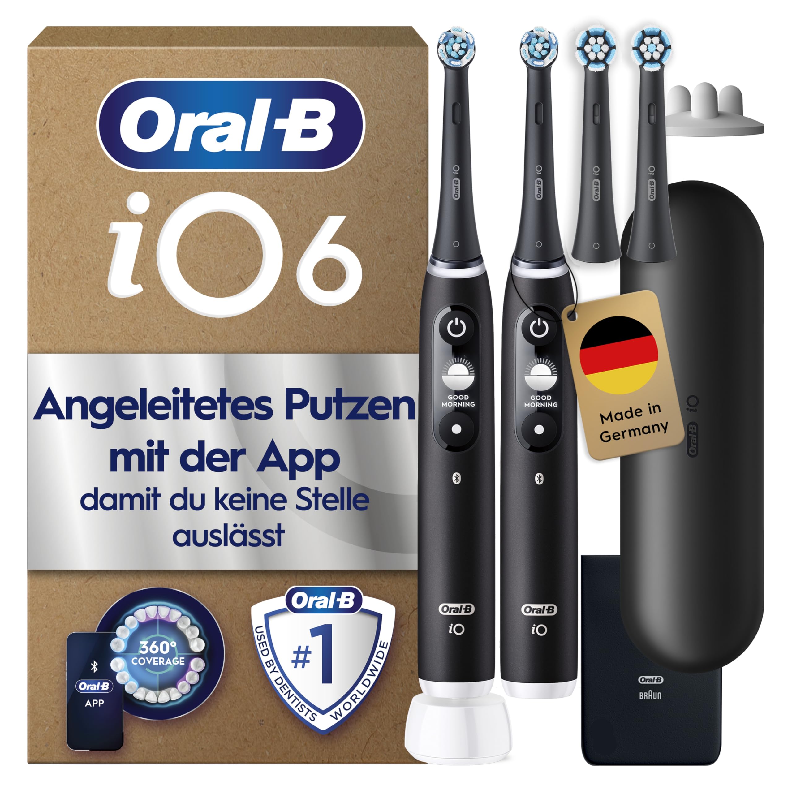 Oral-B iO Series 6 Plus Edition Elektrische Zahnbürste, Doppelpack — Electric Toothbrush, Inkl. 4 Aufsteckbürsten und Reise-Etui — 5 Putzmodi für Zahnpflege, Designed by Braun, Schwarz