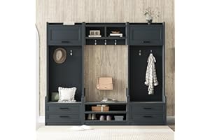 Luxo Abode Multi-Functional Hall Tree with Entryway Bench and Shoe Storage, 4-in-1 Hallway Coat Rack w/4 Storage Drawers, 7 Hooks & 2 Cabinet, Detachable Hall Tree, for Entryways, Dark Blue