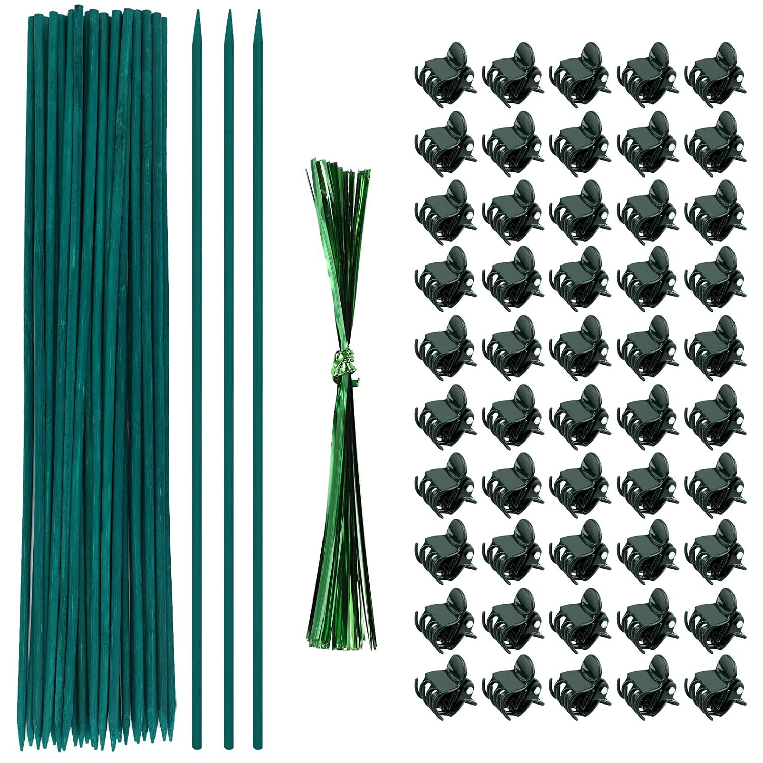 TSKDKIT Plant Support Sticks, 25 Pcs Bamboo Garden Stakes with Clips & Twist Ties, 30cm/12in Green Sticks for Plants, Home & Garden Decor, Florist Arrangement, Handicraft Class