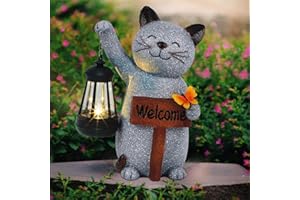Juegoal Garden Statue Solar Cat Figurine with Lantern, 10" Resin Kitten Outdoor Lawn Porch Yard Art, Lighted Christmas Birthday Gifts for Mom Grandma