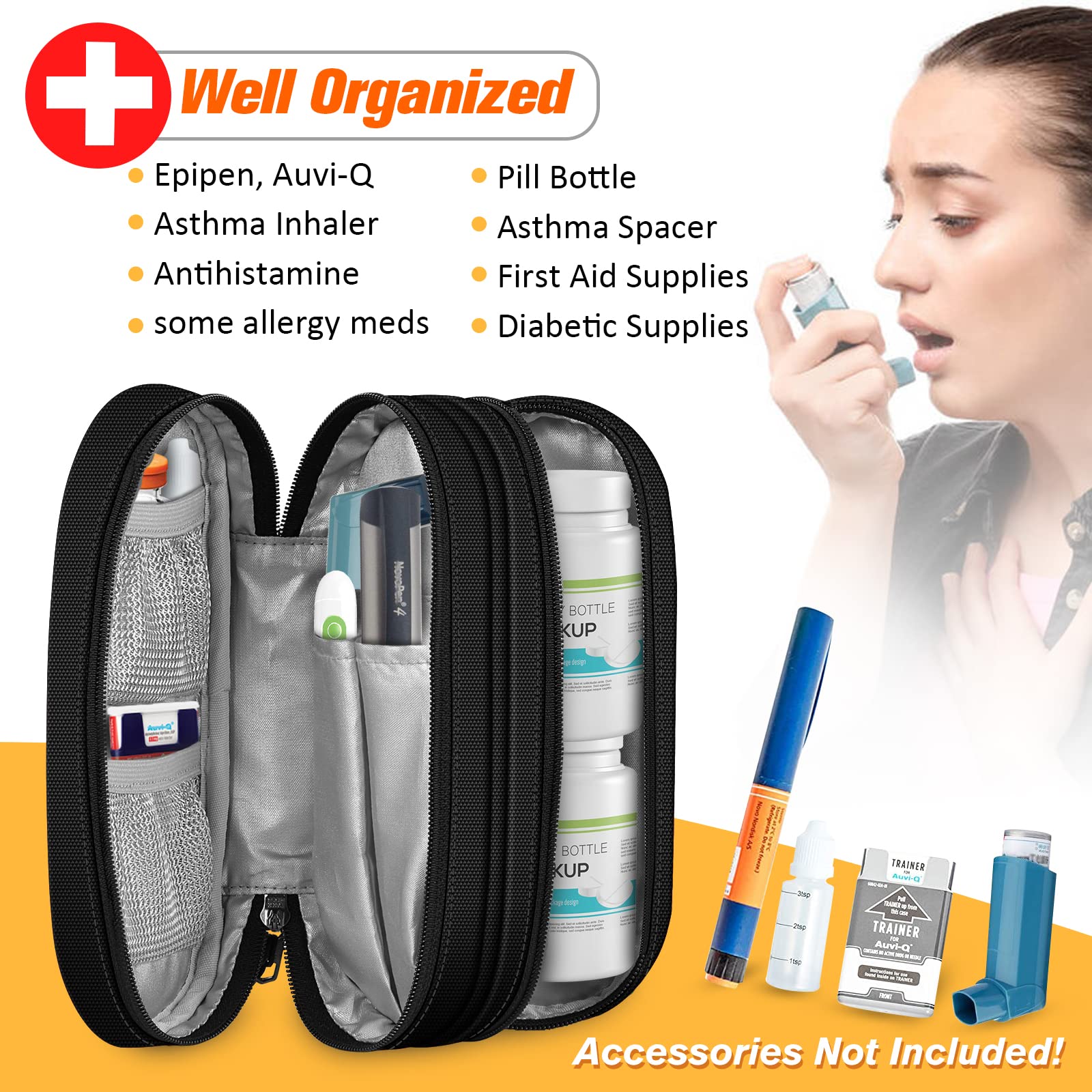 SITHON Double-Layer Epipen Carrying Case, Travel Medication Organizer Bag Emergency Medical Pouch Holds 2 EpiPens, Asthma Inhaler, Anti-Histamine, Auvi-Q, Allergy Medicine Essentials (Black)