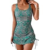 Eomenie Women's One Piece Swimdress Swimsuit with Drawstring Tummy Control Bathing Suits Push Up Swim Dresses with Bottom