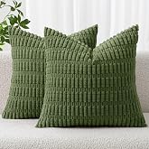 MIULEE Corduroy Decorative Throw Pillow Covers 18x18 Moss Green Pack of 2 | Soft Boho Striped Pillow Covers Modern Farmhouse 