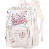 KIDNUO Clear Backpack for Girls,Clear Bookbag Heavy Duty Transparent Backpacks for Stadium Events, See Through Back Pack for Kindergarten Elementary Middle High School (Off-white)