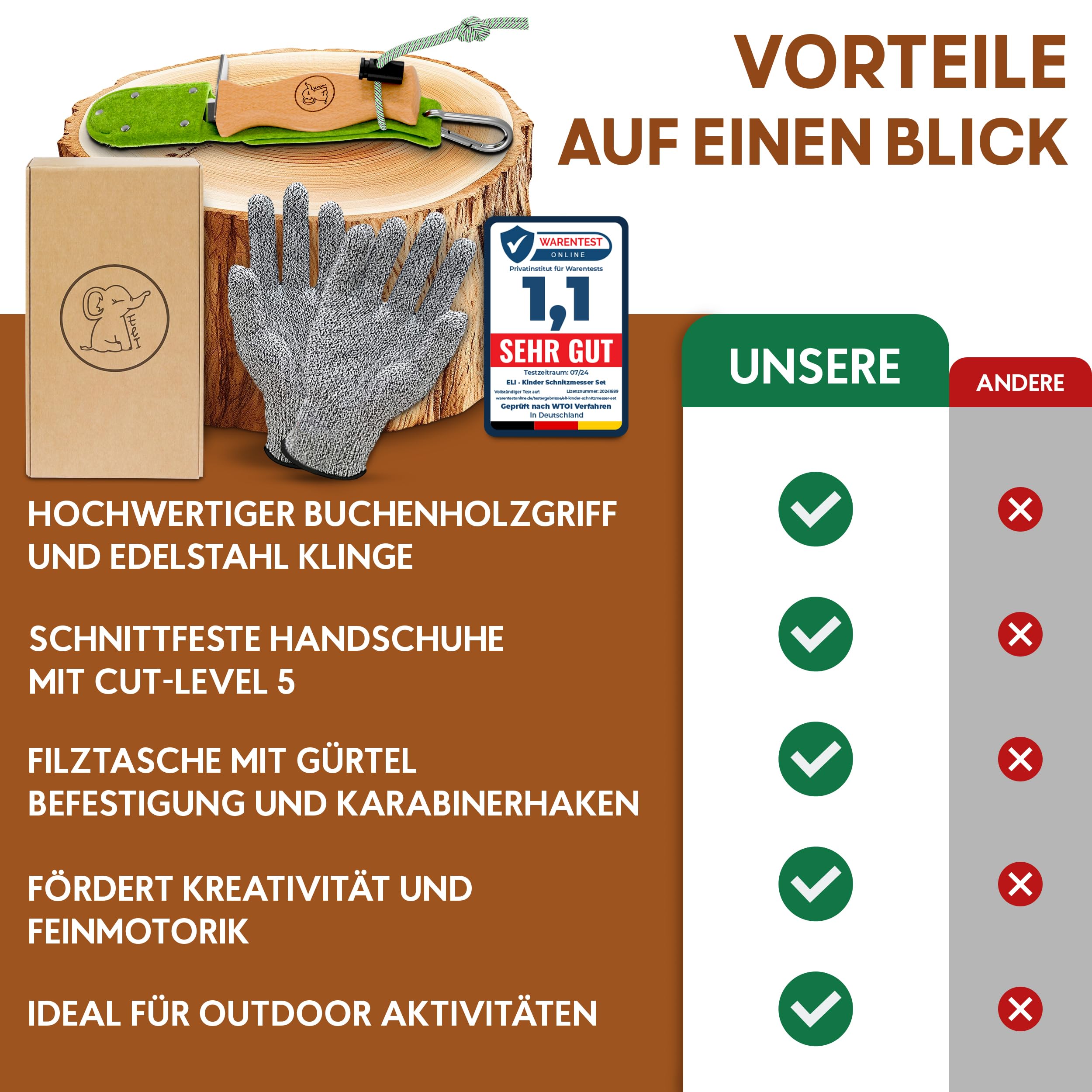 Eli® Schnitzmesser Kinder mit Filztasche ab 6 Jahre - hochwertiges Kindermesser Schnitzset inkl. schnittfeste Handschuhe - Kinderschnitzmesser - Schnitzwerkzeug - Outdoor Messer - grün 6