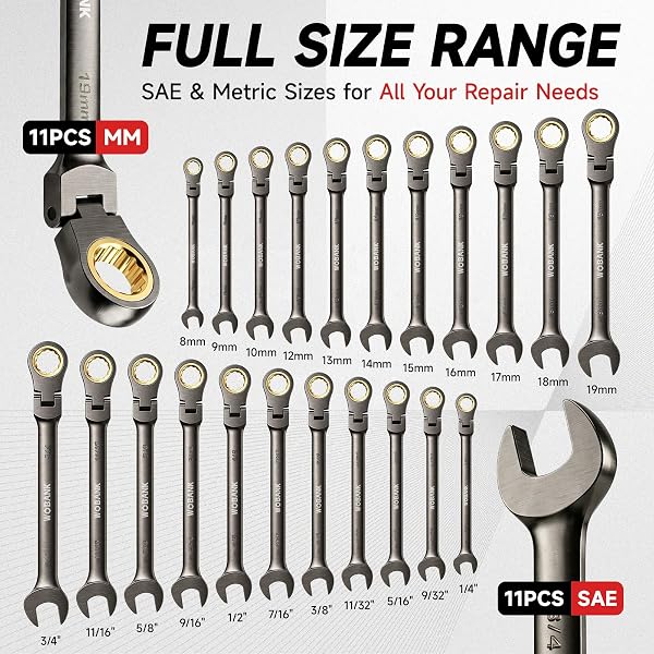 WOBANK 22-PIECE RATCHETING WRENCH SET, FLEX HEAD COMBINATION WRENCHES SET WITH ORGANIZER BOX, METRIC 8-19MM AND SAE 1/4″ TO 3/4″ SIZE, 12 POINTS 72-TEETH, NICKEL PLATING