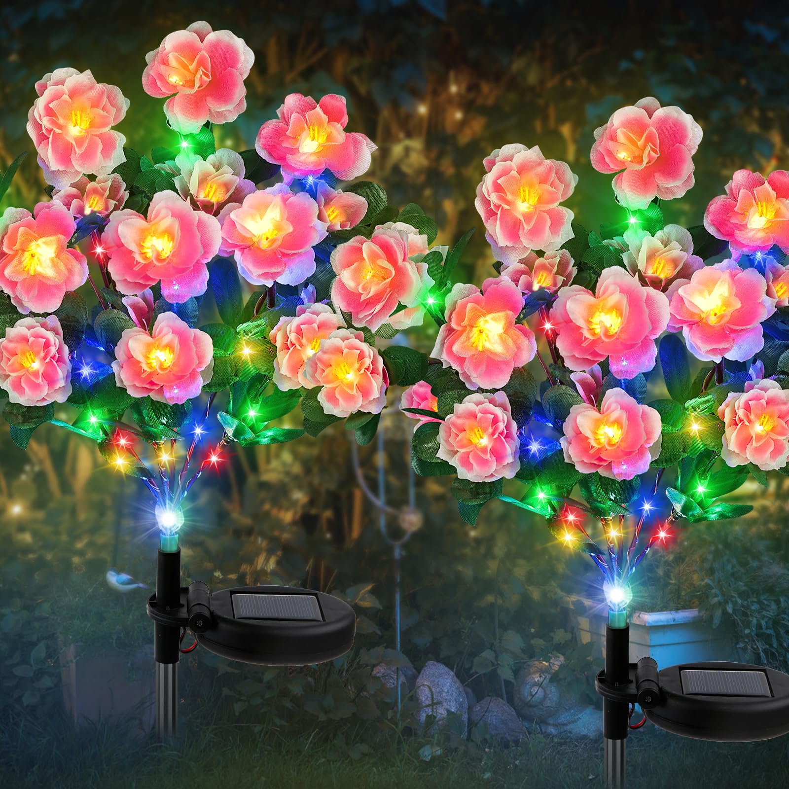 Joyoldelf Solar Lights Outdoor Garden - 2 Pack Rhododendron Solar Garden Lights, Gardens Light Ornaments with 21 Rhododendron Flowers, Waterproof Solar Flower Lights for Pathway Party Wedding