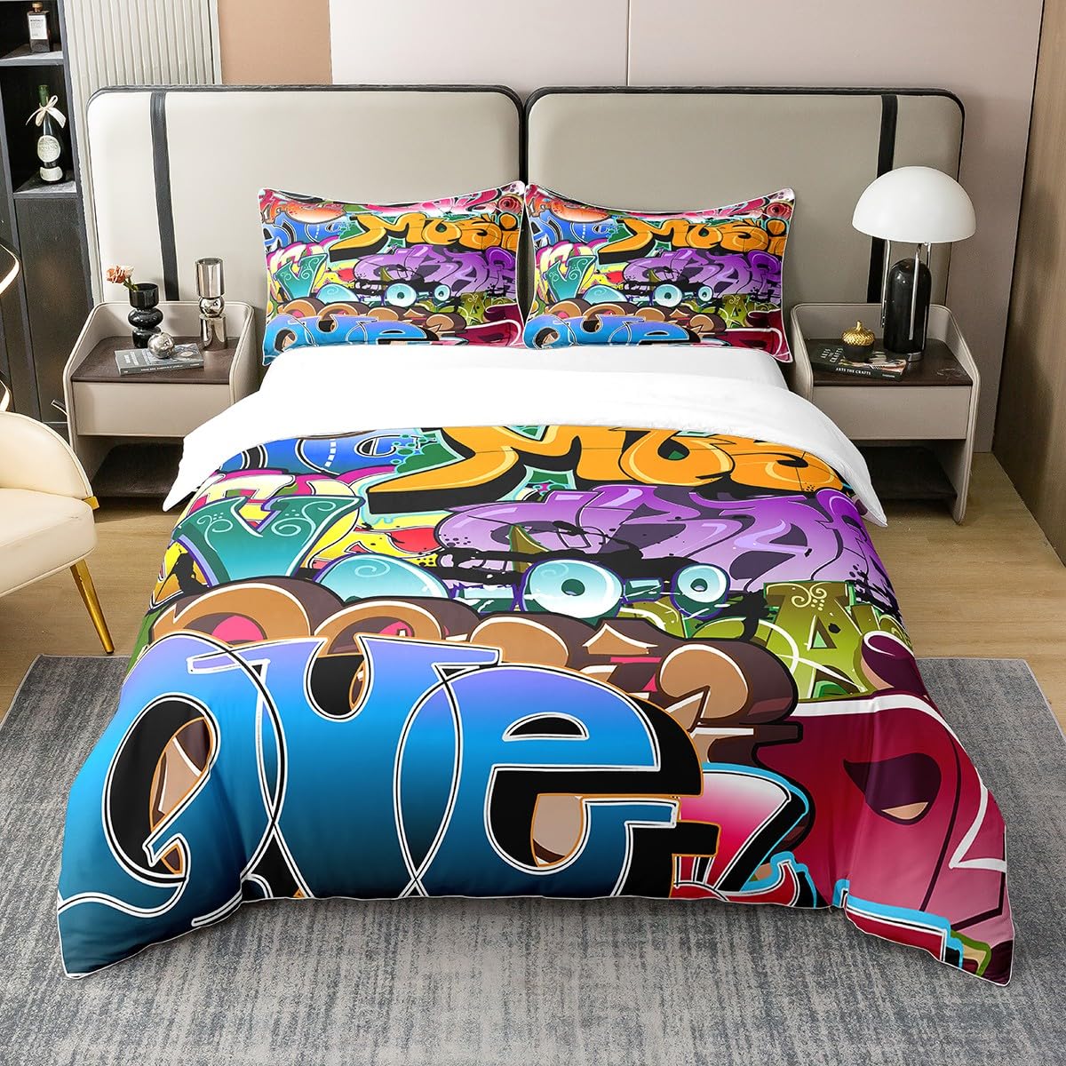 Hippie Graffiti Style 100% Cotton Duvet Cover Single Size Hip Hop Decor Bedding Cotton Duvet Cover Set for Bedroom Graffiti Graphic Street Culture Grunge Art Bedding Set